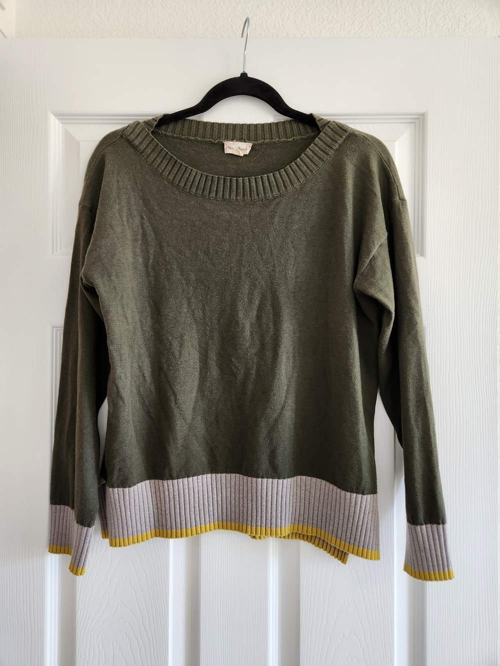 Hem & Thread Olive Sweater with Gray and Yellow Trim